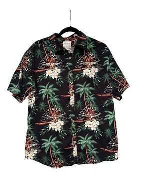 Denim &Flower by Ricky Singh Black Hawaiian Floral & Palm Short-Sleeve Button-Up